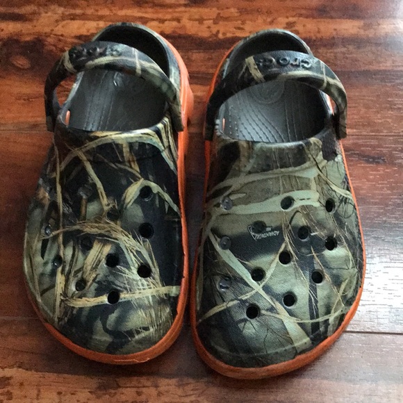 camo crocs with orange sole